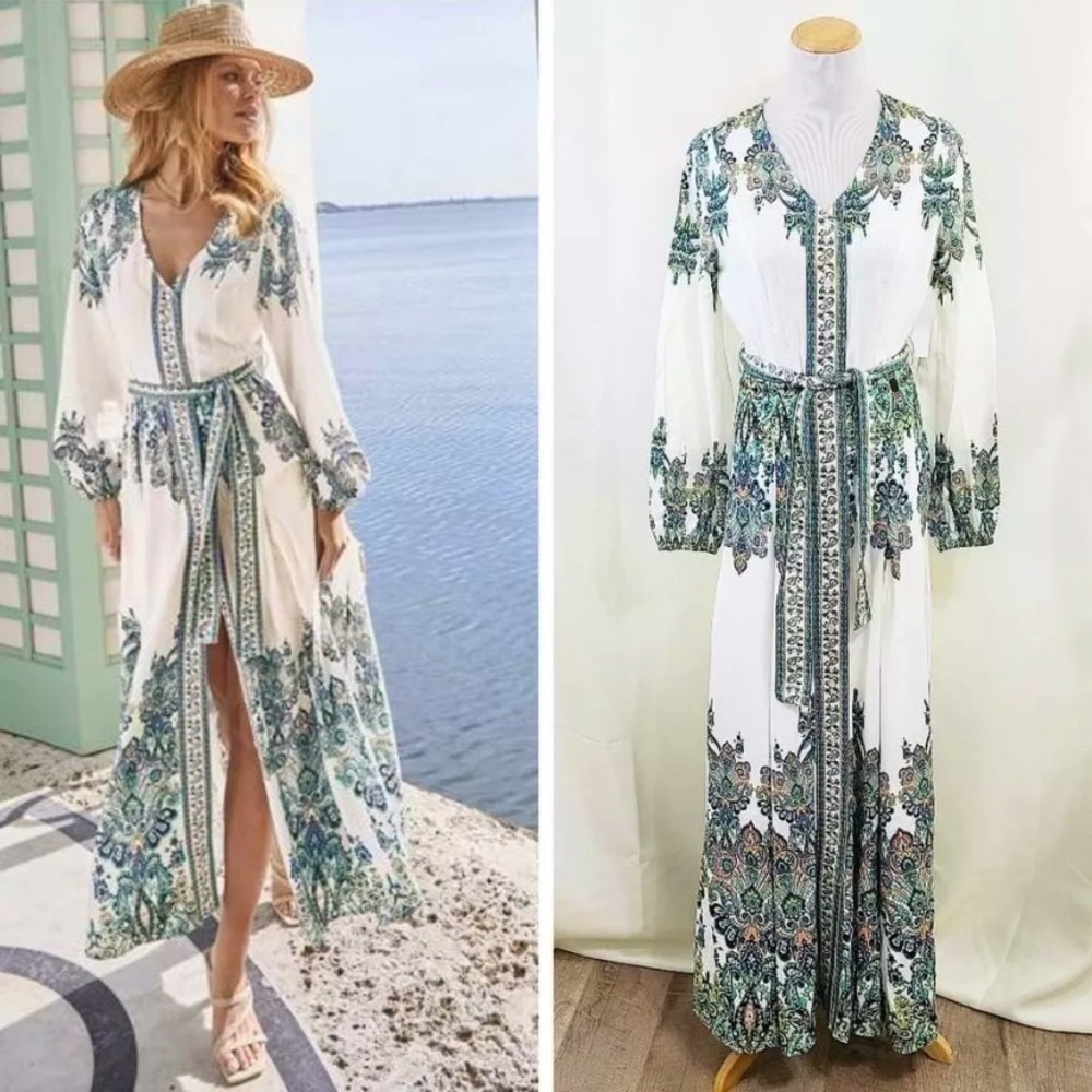 VENUS White and Green Maxi Dress
